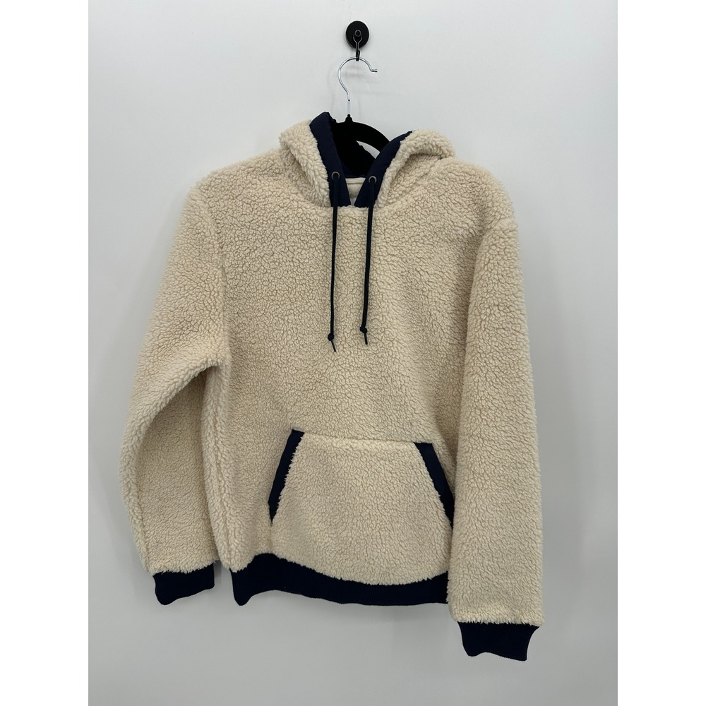 Old Navy Womens Sherpa Pullover Hoodie Cream Navy Blue Medium Teddy Sweatshirt